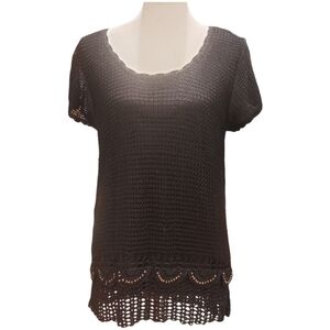 Coldwater Creek Crocheted Tunic Top Sweater Black Rayon Sz L
